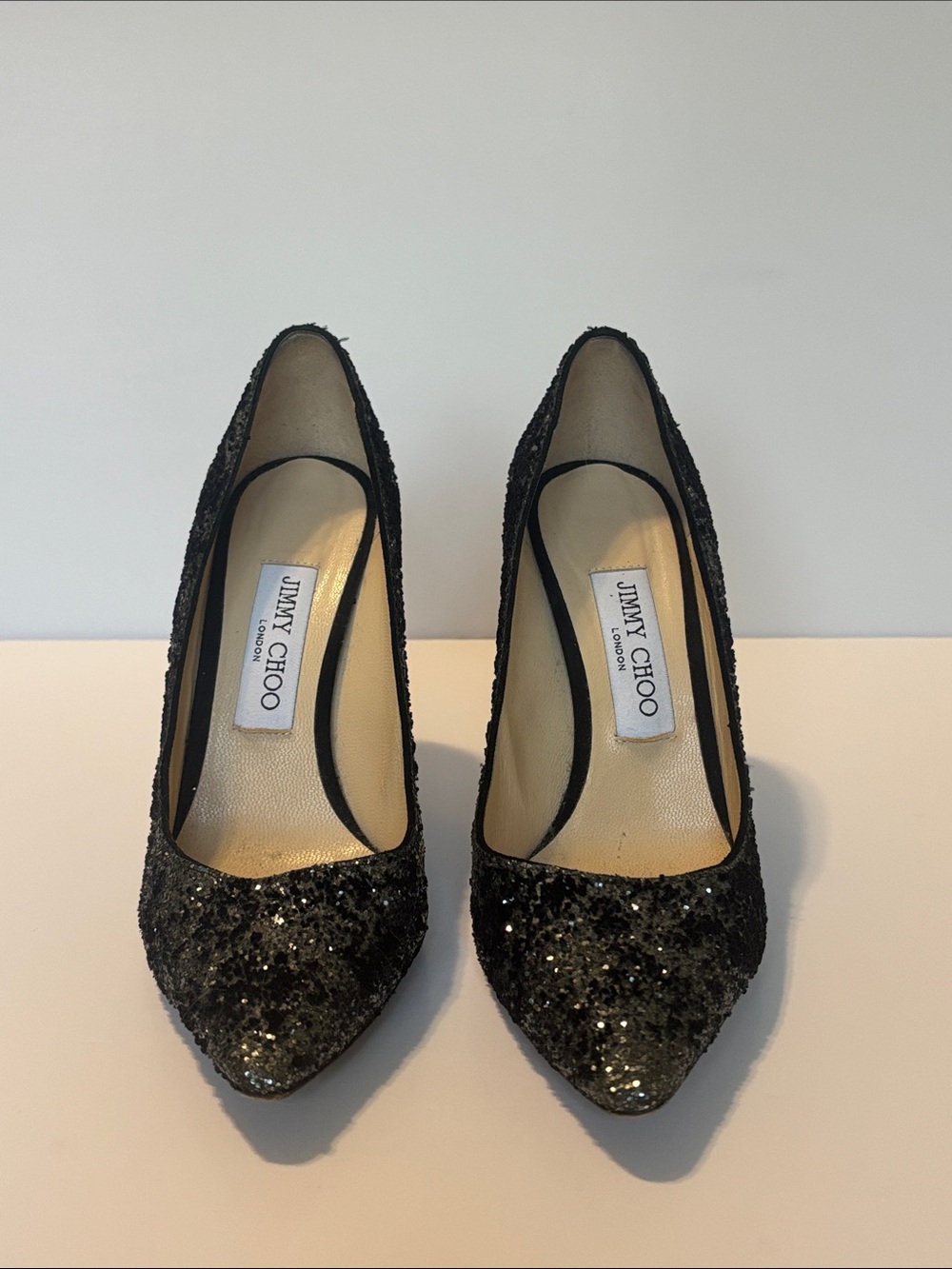 Jimmy Choo Romy Black & Silver Glitter Heels (Size 37.5)